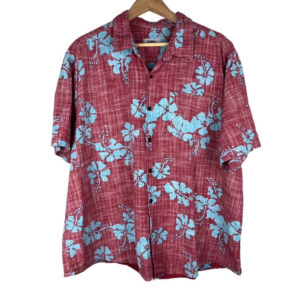 Vatpave Men's L Red Blue Tropical Hawaiian Button Up‎ Shirt *